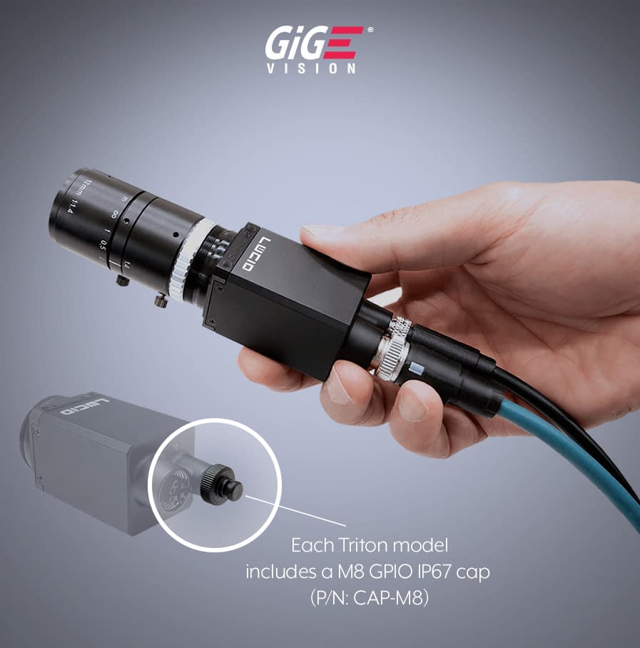 Triton Camera being held by hand with m8 ip67 cap